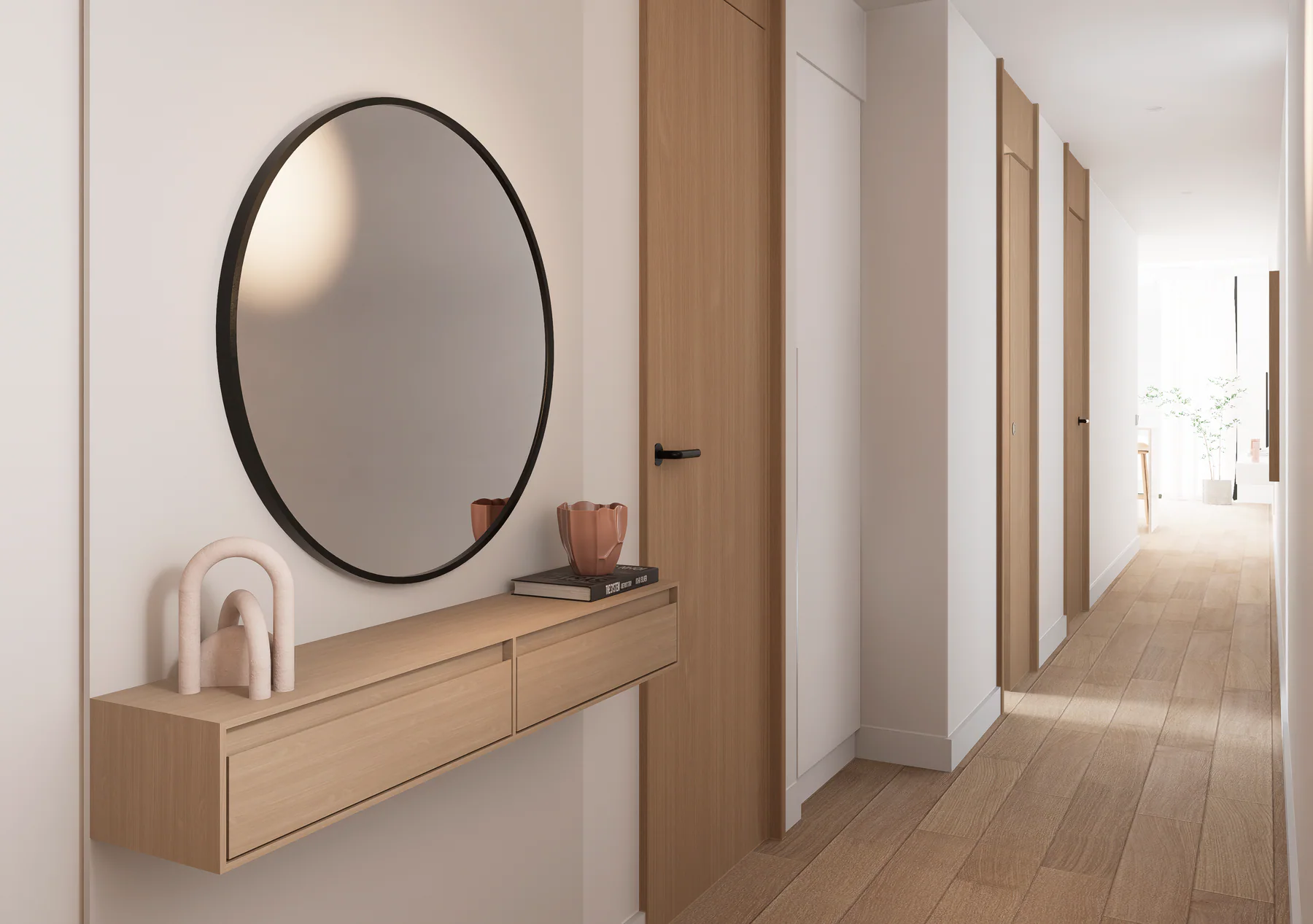 Render del recibidor interior de una vivienda de Gañanía del Duque