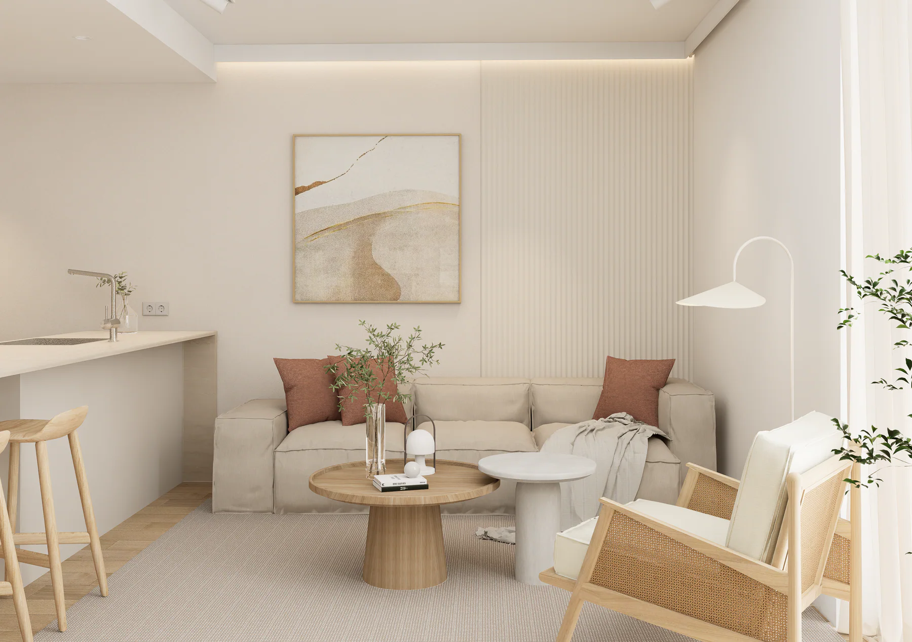 Render del salón comedor y cocina de Gañanía del Duque